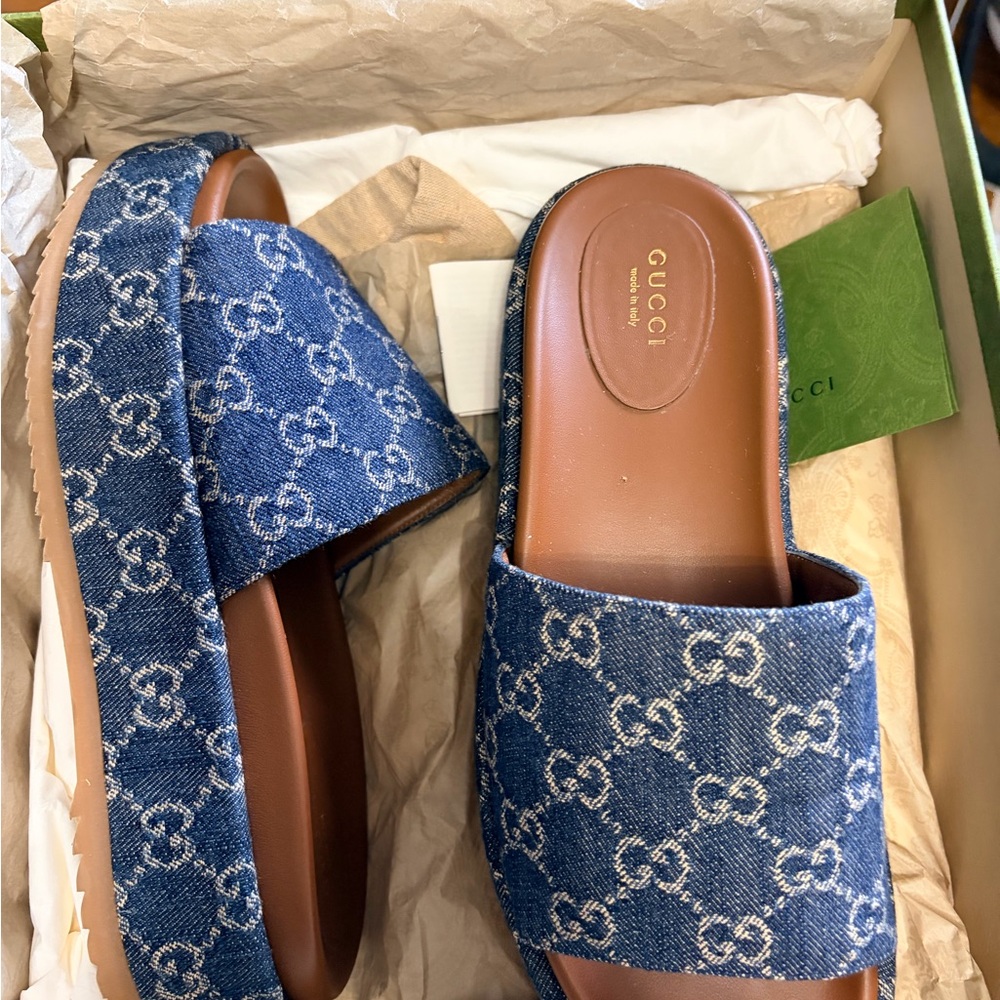 Gucci Denim GG Logo Slide Mules in Blue